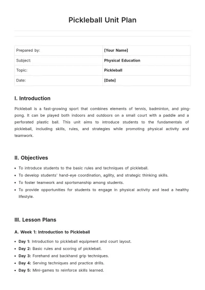 Free Pickleball Unit Plan Template to Edit Online