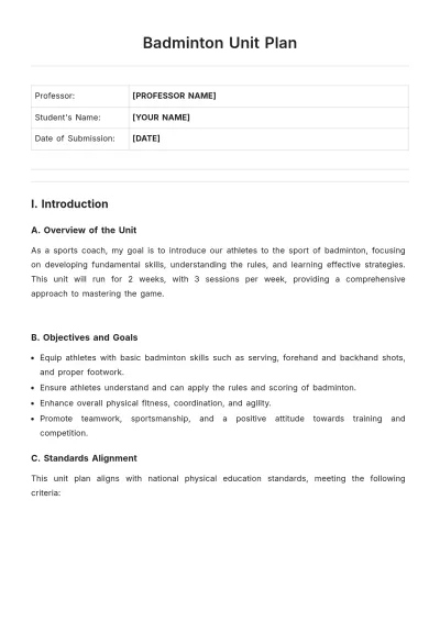 Free Badminton Unit Plan Template to Edit Online