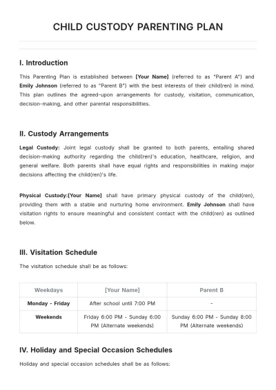 Free Child Custody Parenting Plan Template to Edit Online