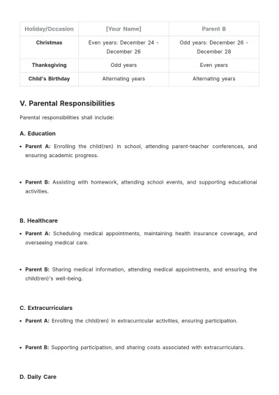 Free Child Custody Parenting Plan Template to Edit Online