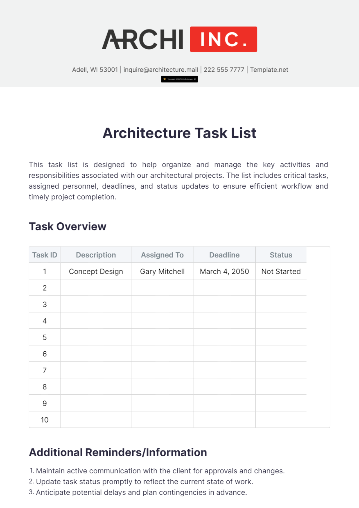 Architecture Task List Template - Edit Online & Download