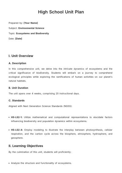 Free High School Unit Plan Template to Edit Online
