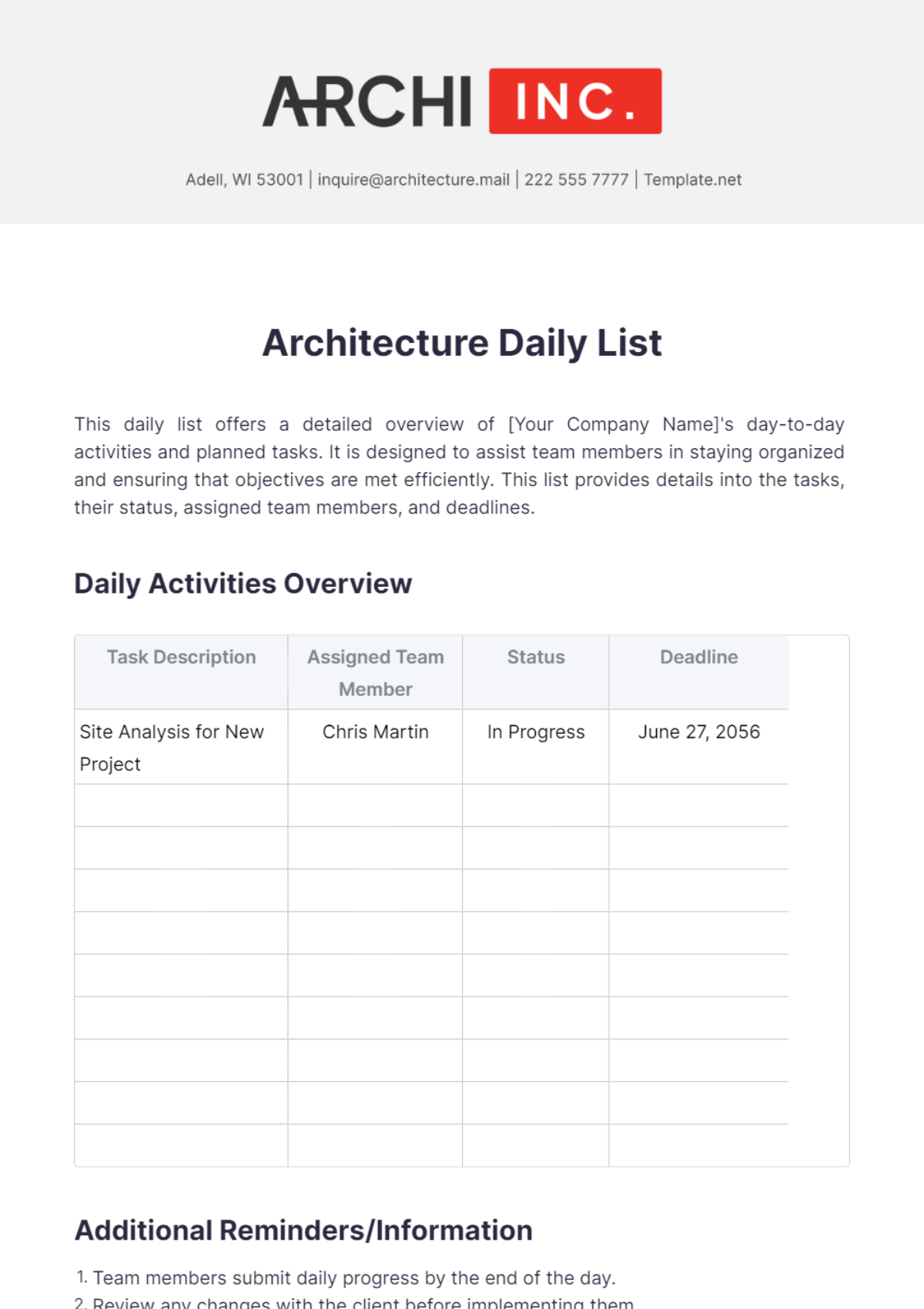 Architecture Daily List Template - Edit Online & Download