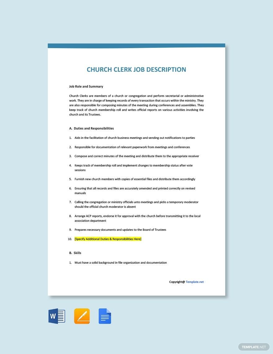 Church Clerk Job Ad/Description Template