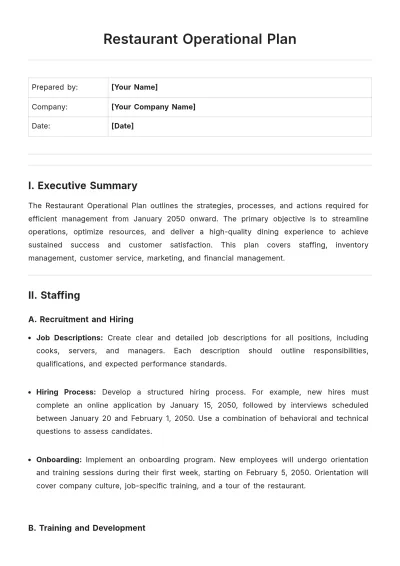 Free Restaurant Operational Plan Template to Edit Online