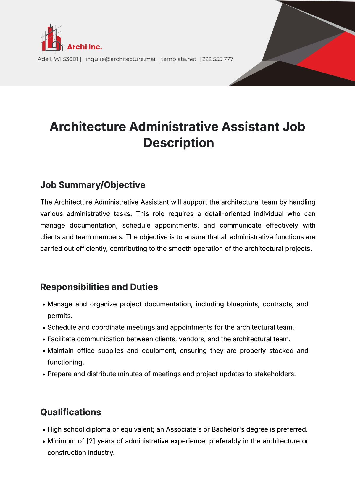 Free Architecture Administrative Assistant Job Description Template