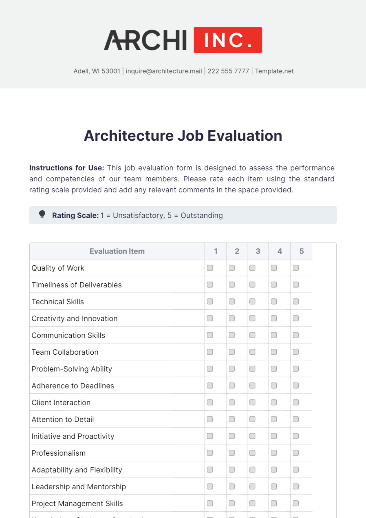 Architecture Job Evaluation Template - Edit Online & Download