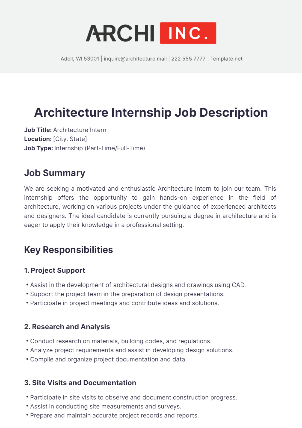 Architecture Internship Job Description Template Edit Online