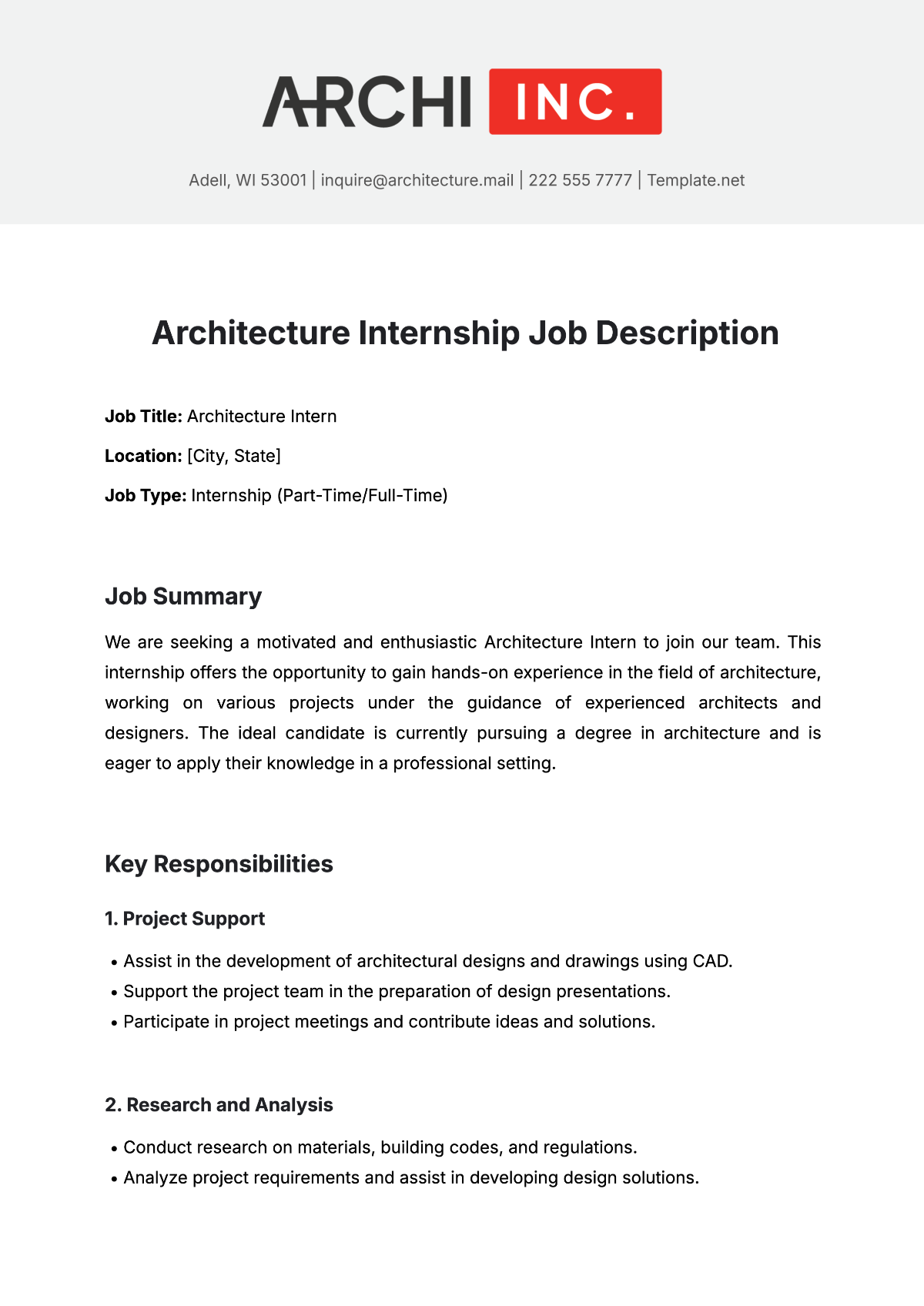 Free Architecture Internship Job Description Template