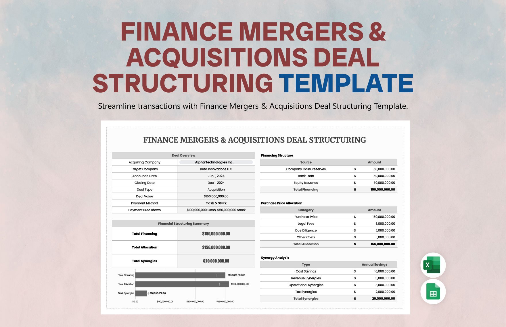Finance Mergers & Acquisitions Deal Structuring Template in Excel, Google Sheets
