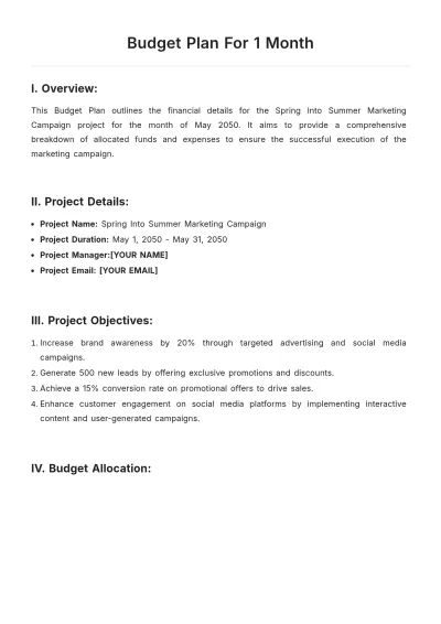 Free Budget Plan For 1 Month Template to Edit Online