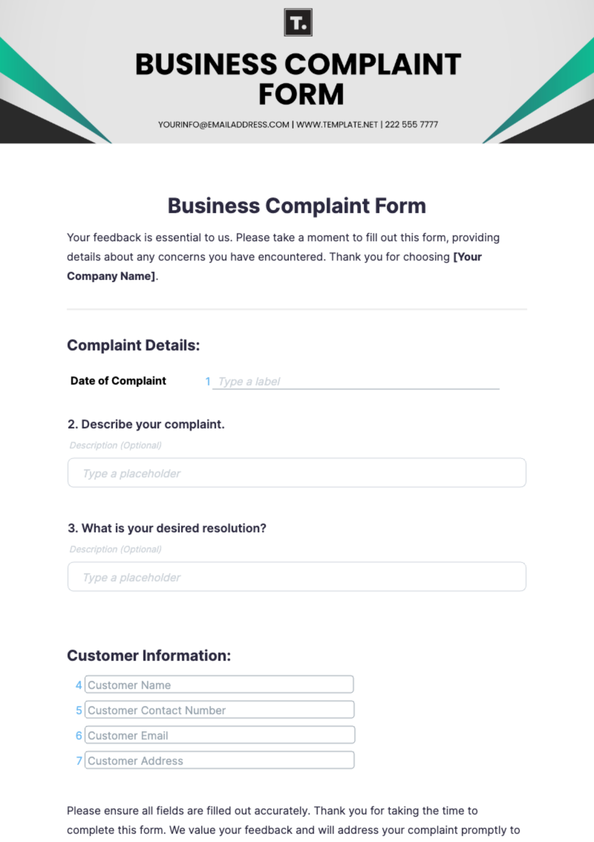 Business Complaint Form Template - Edit Online & Download