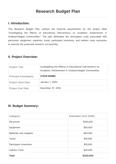Free Research Budget Plan Template to Edit Online
