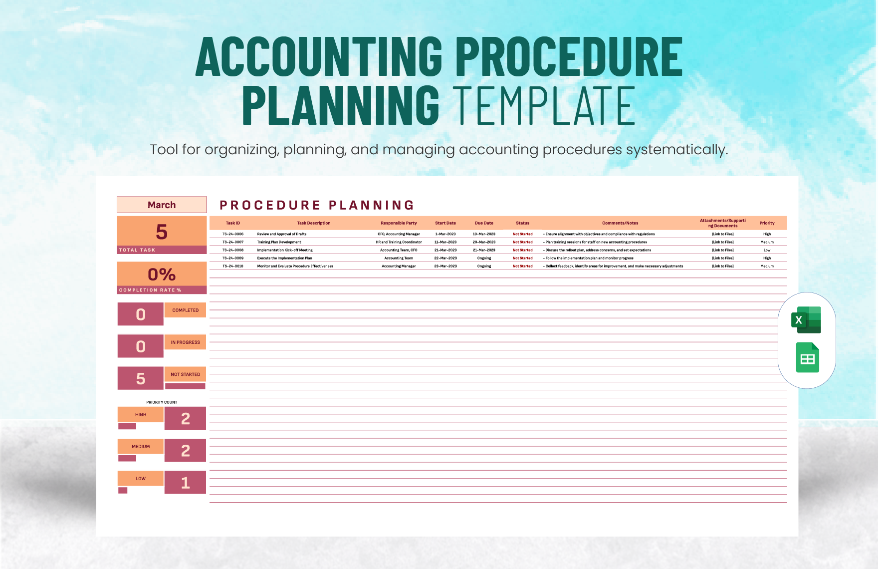 Accounting Procedure Planning Template in Excel, Google Sheets