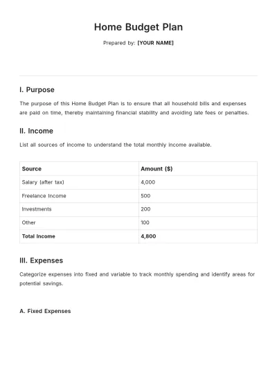 Free Home Budget Plan Template to Edit Online