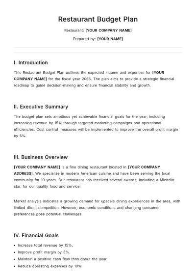 Free Restaurant Budget Plan Template to Edit Online