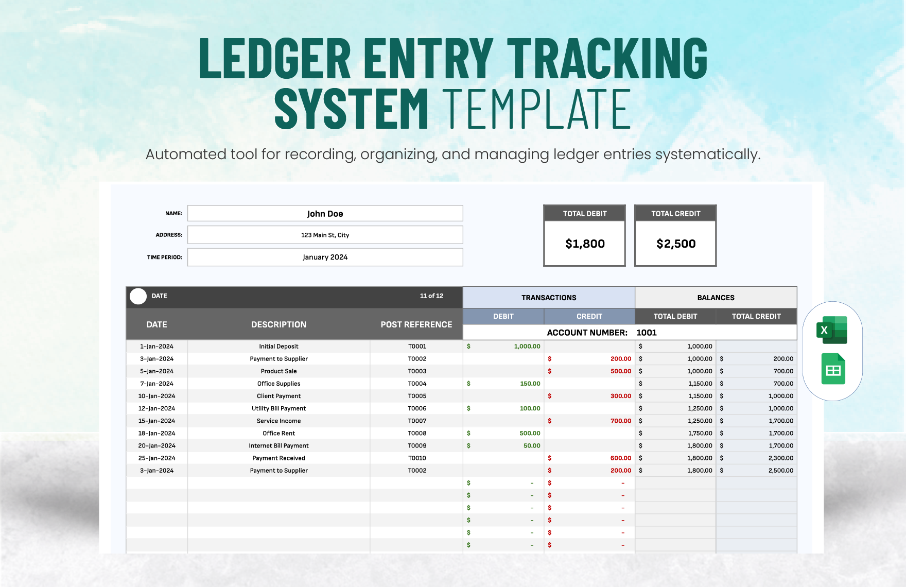 Ledger Entry Tracking System Template in Excel, Google Sheets