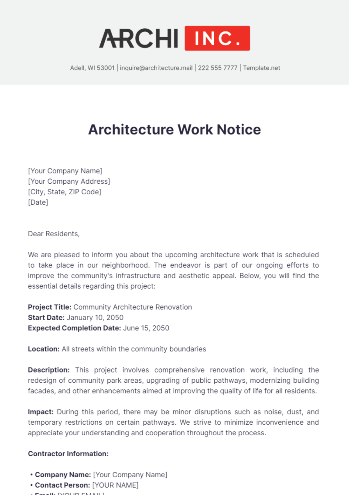 Free Architecture Work Notice Template
