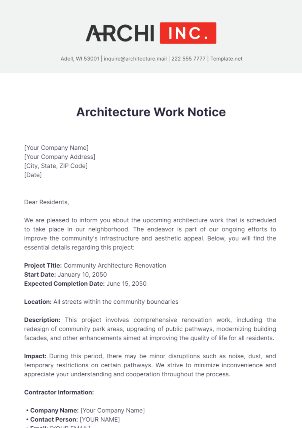 Architecture Work Notice Template - Edit Online & Download