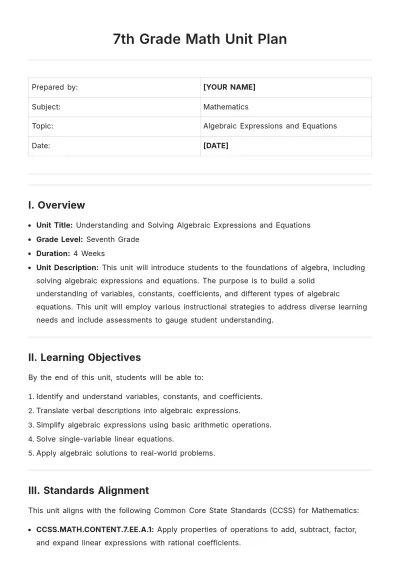 Free 7th Grade Math Unit Plan Template to Edit Online