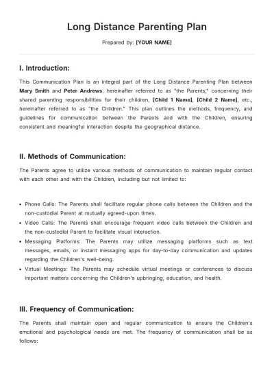 Free Long Distance Parenting Plan Template to Edit Online