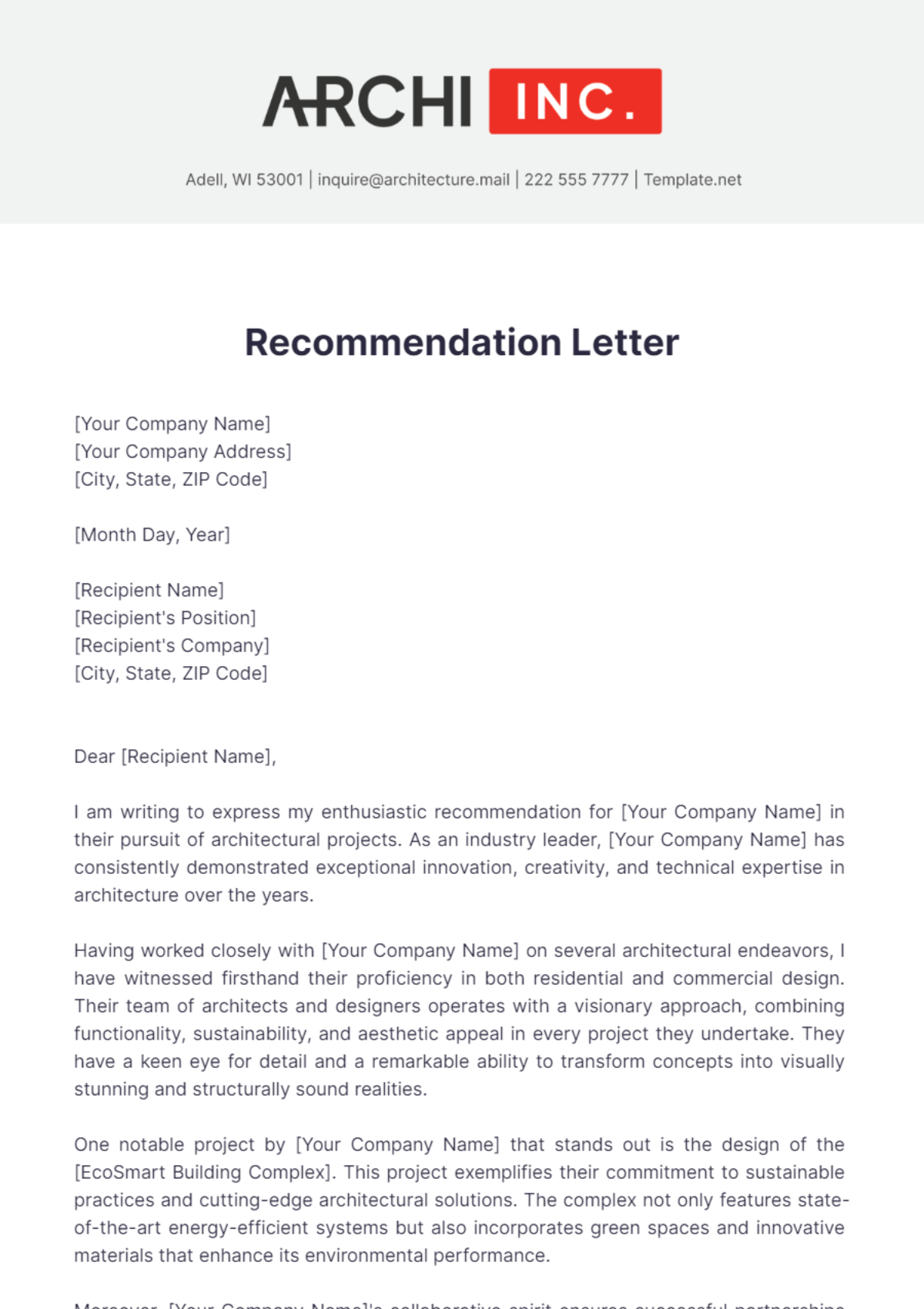 Architecture Recommendation Letter Template - Edit Online & Download