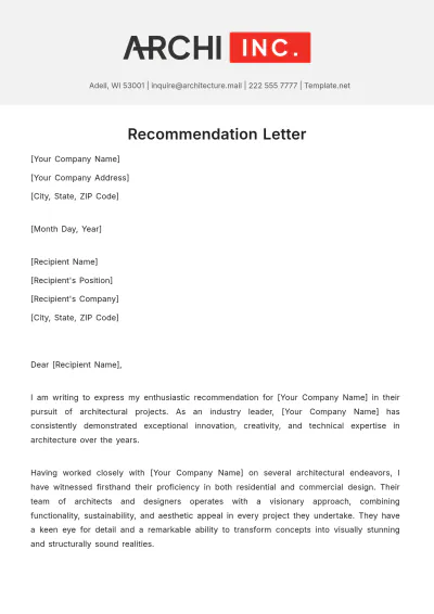 Free Architecture Recommendation Letter Template to Edit Online