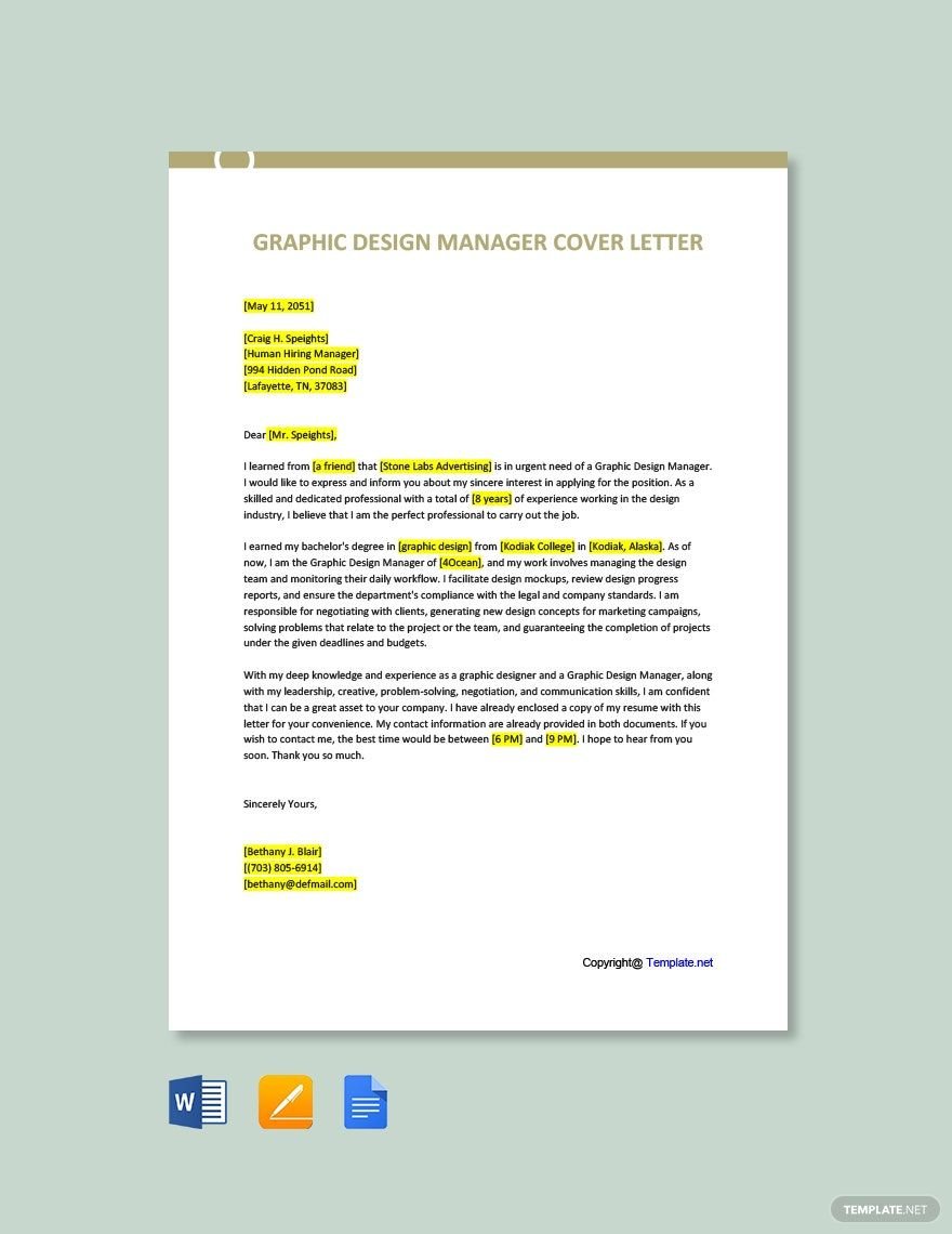 Graphic Design Manager Cover Letter Template