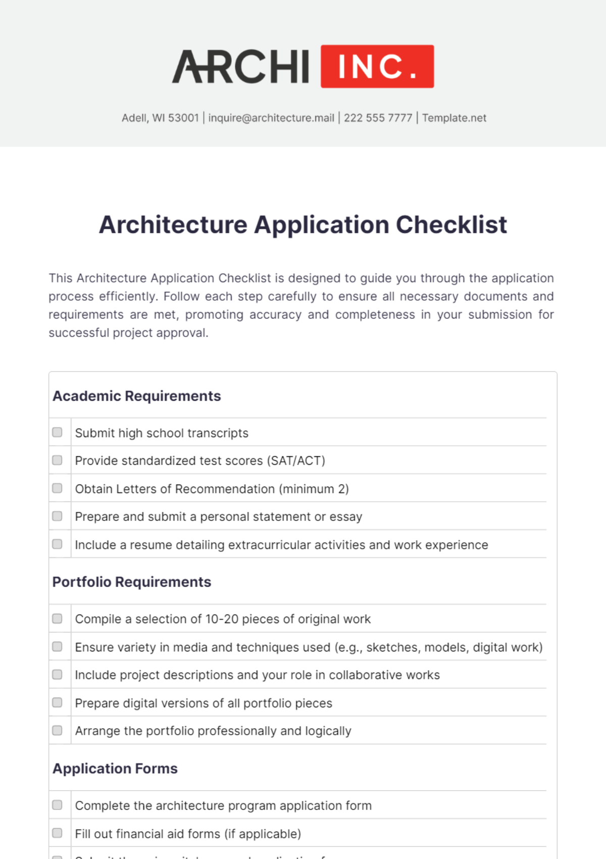 Architecture Application Checklist Template - Edit Online & Download