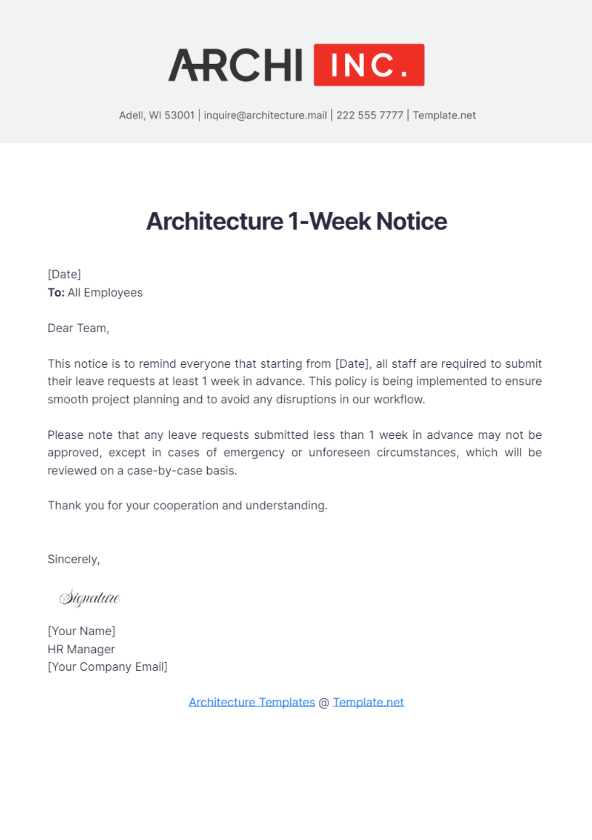 Free Architecture 1-Week Notice Template