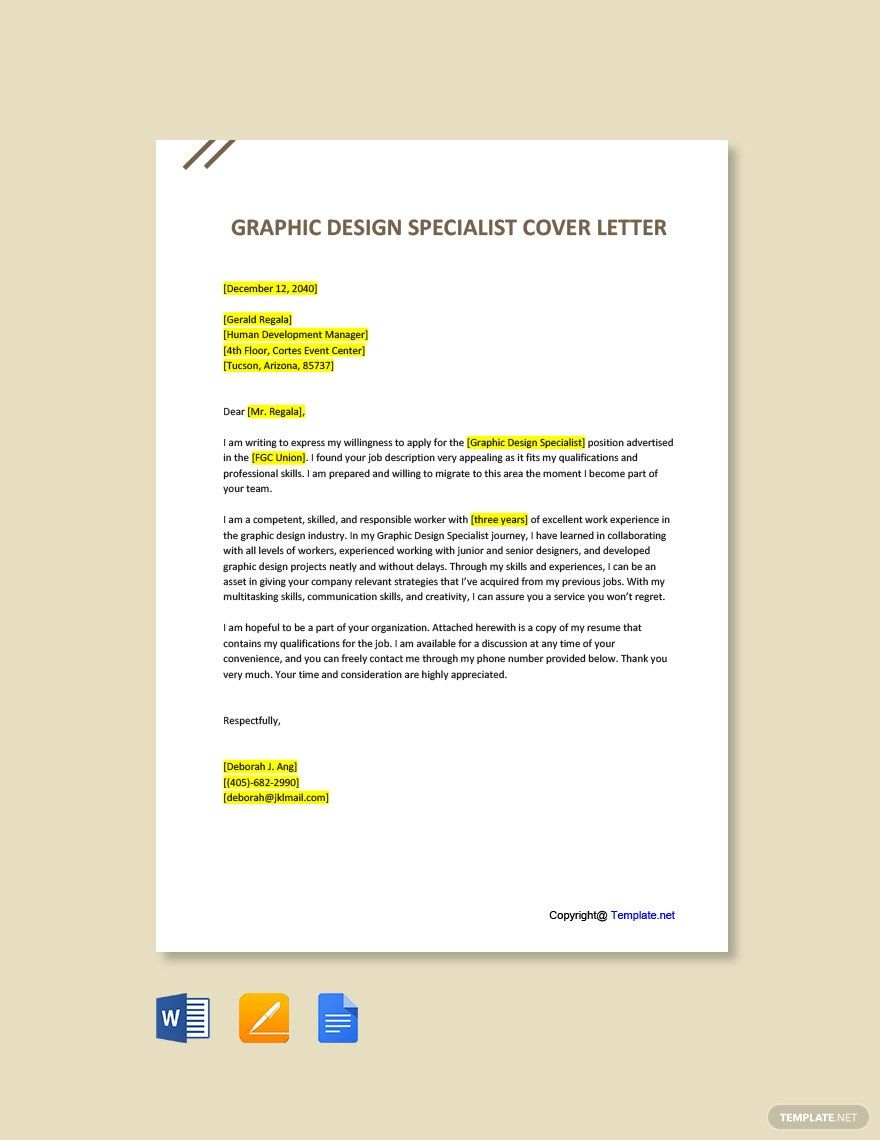 Free Graphic Design Specialist Cover Letter Template