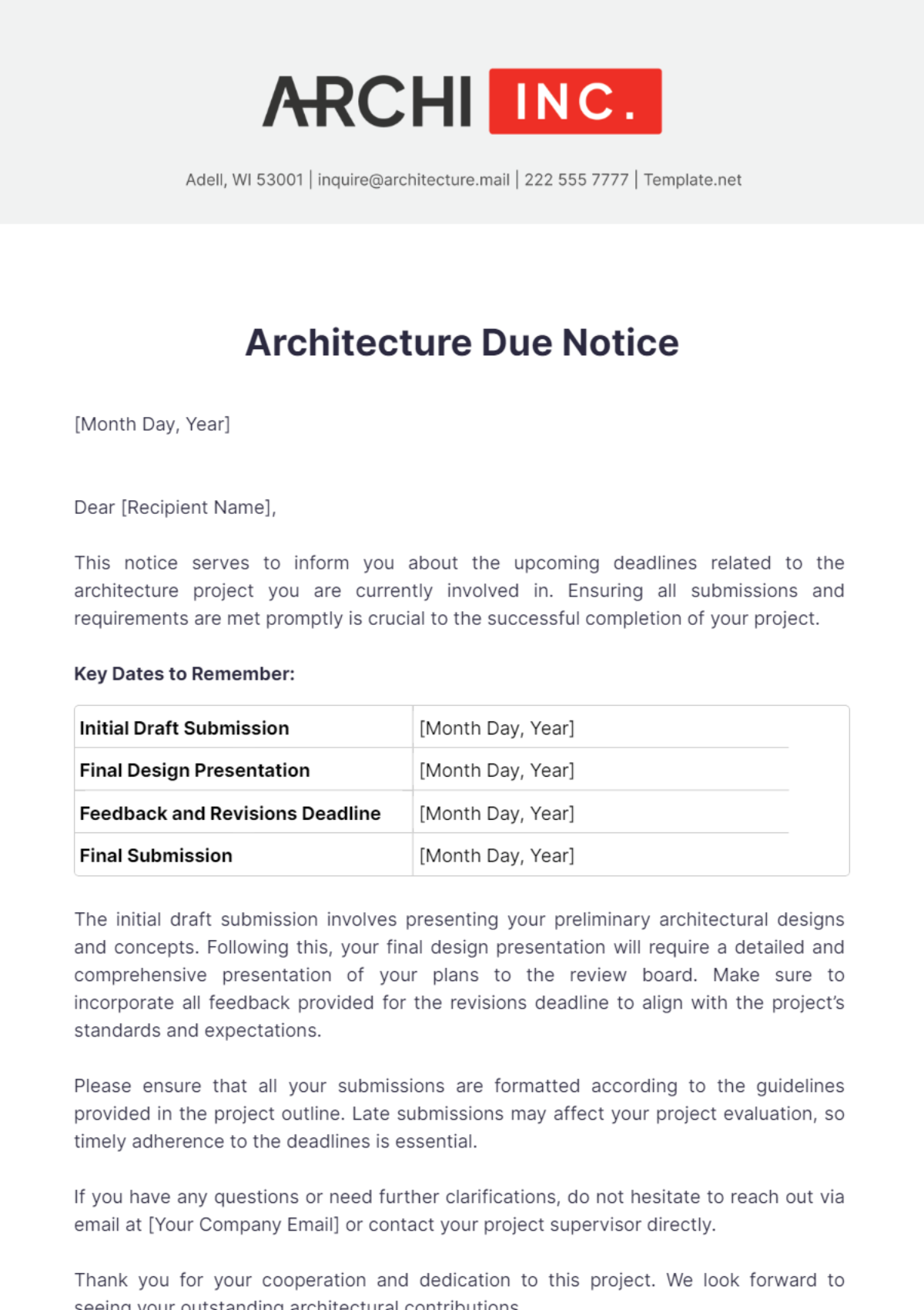 Free Architecture Due Notice Template