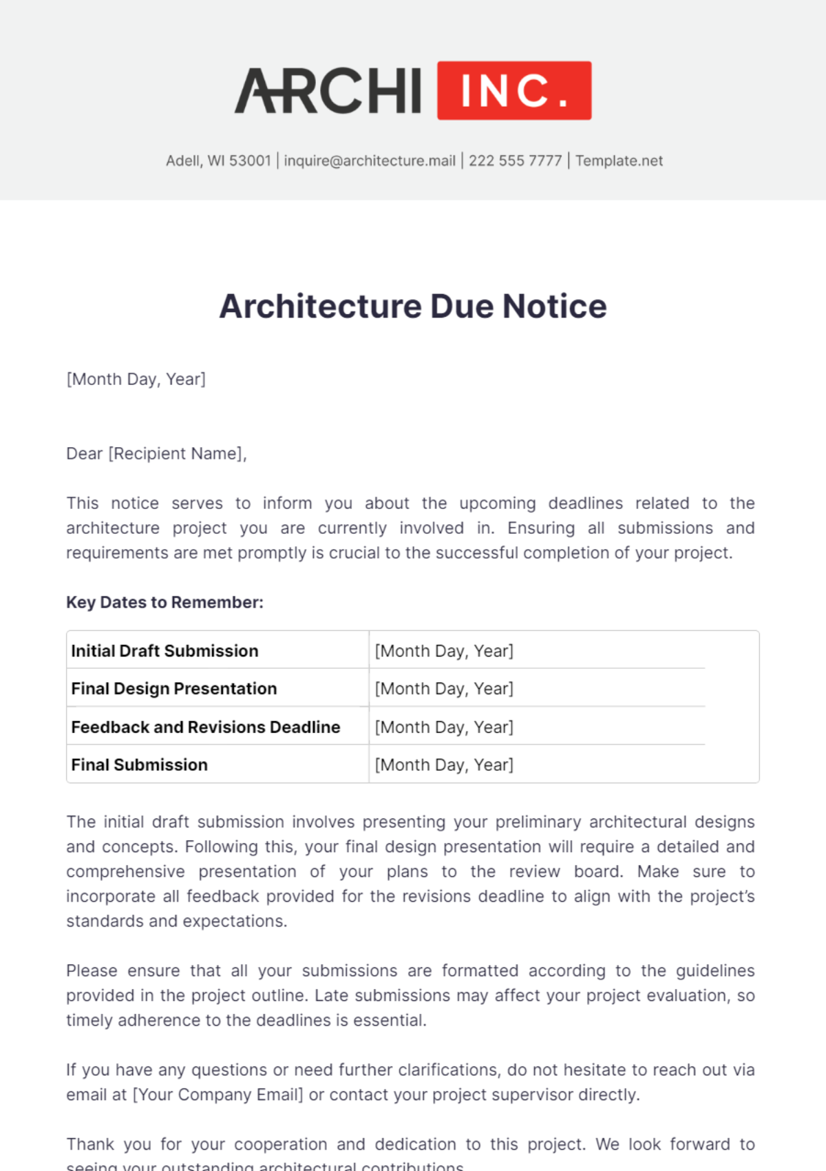 Architecture Due Notice Template - Edit Online & Download