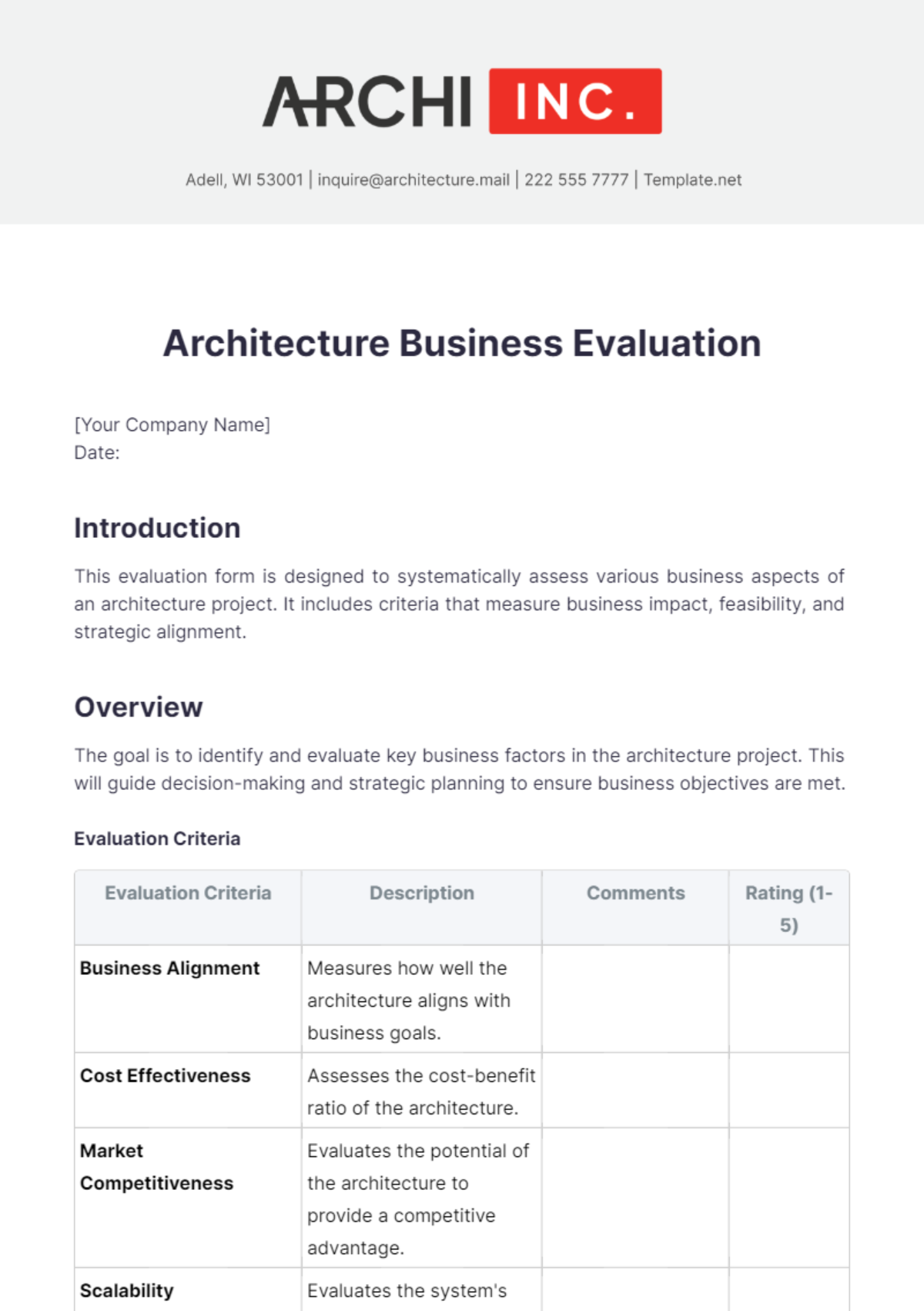 Architecture Business Evaluation Template - Edit Online & Download