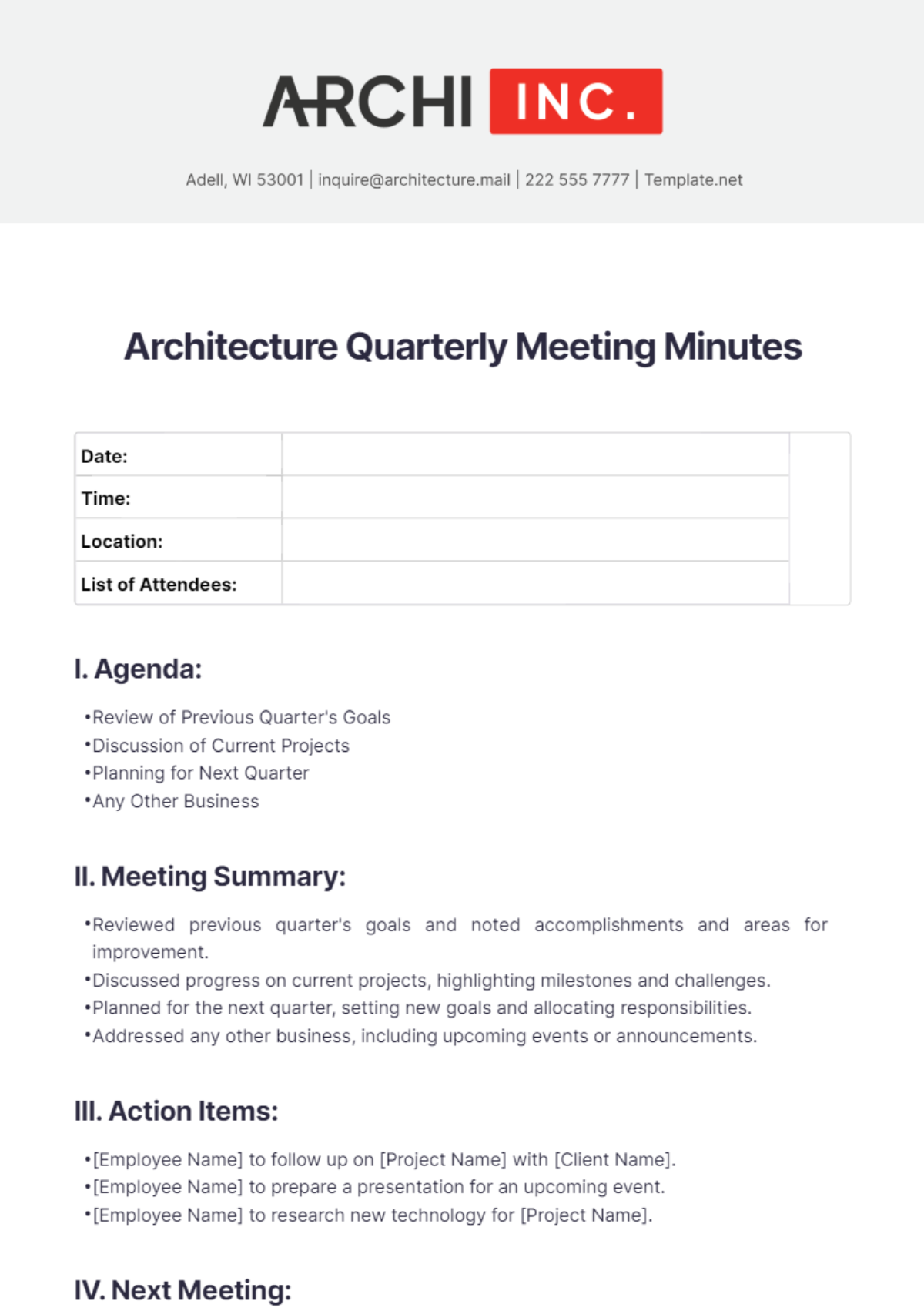 Architecture Quarterly Meeting Minutes Template - Edit Online & Download