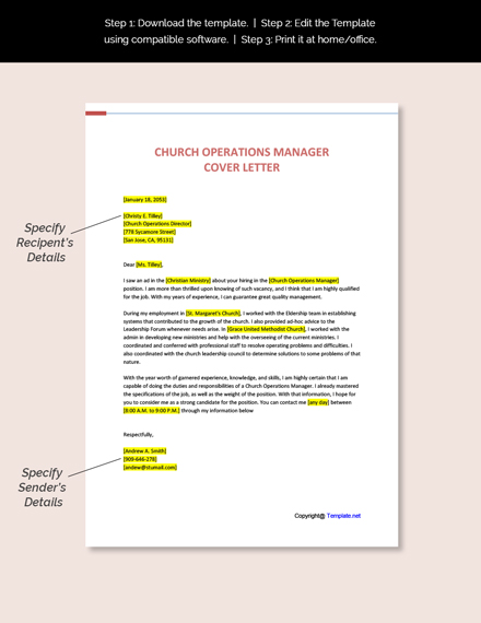 Church Operations Manager Cover Letter Template