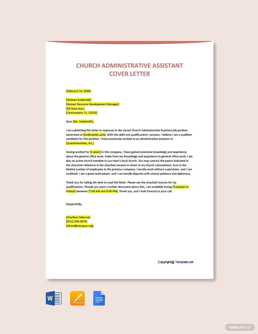 Church Administrative Assistant Cover Letter Template