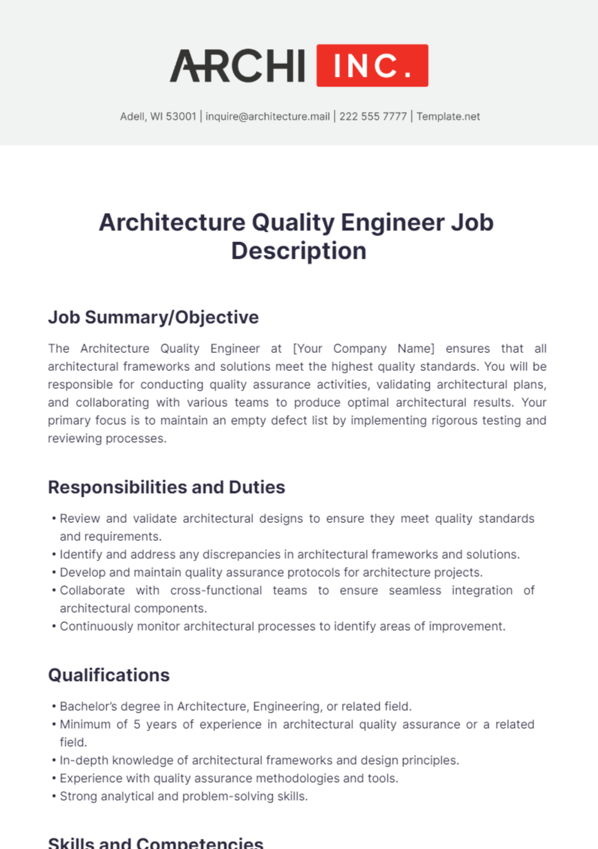 Architecture Quality Engineer Job Description Template - Edit Online & Download