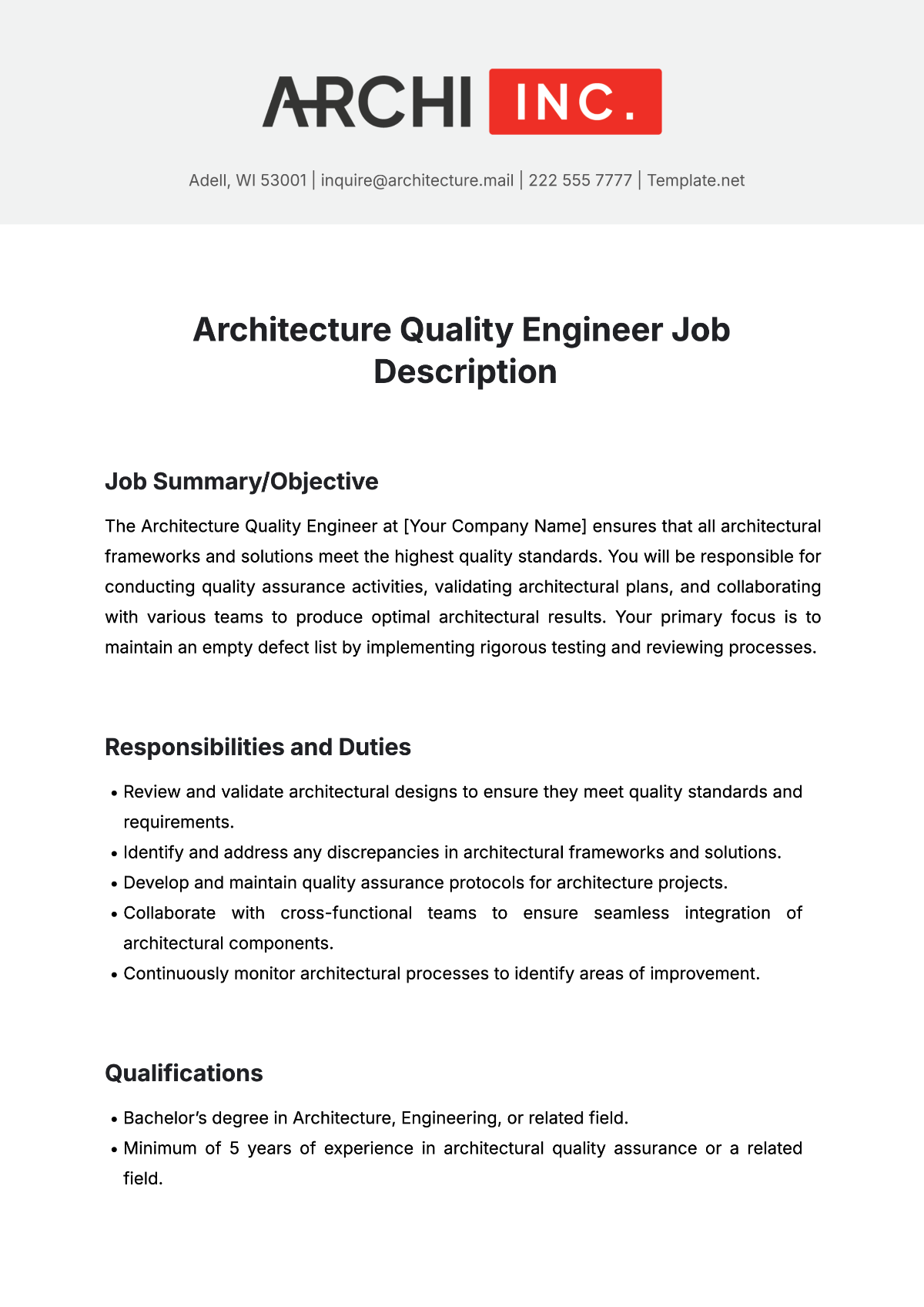 Free Architecture Quality Engineer Job Description Template