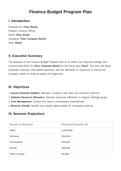 Free Finance Budget Program Plan Template to Edit Online