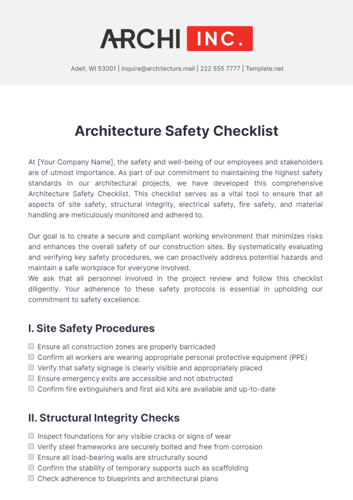 Architecture Safety Checklist Template - Edit Online & Download