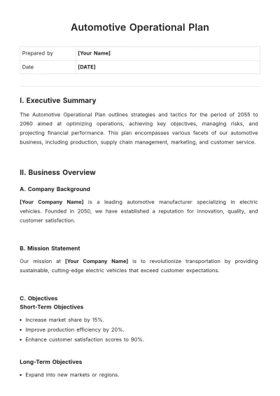 Free Automotive Operational Plan Template to Edit Online