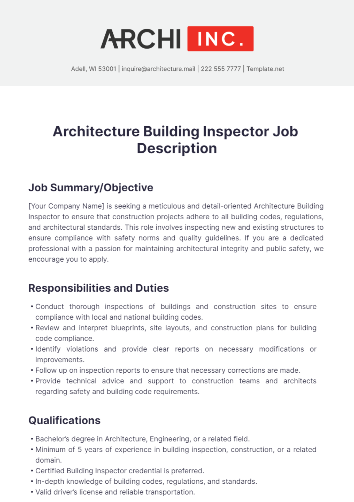 Architecture Building Inspector Job Description Template - Edit Online & Download