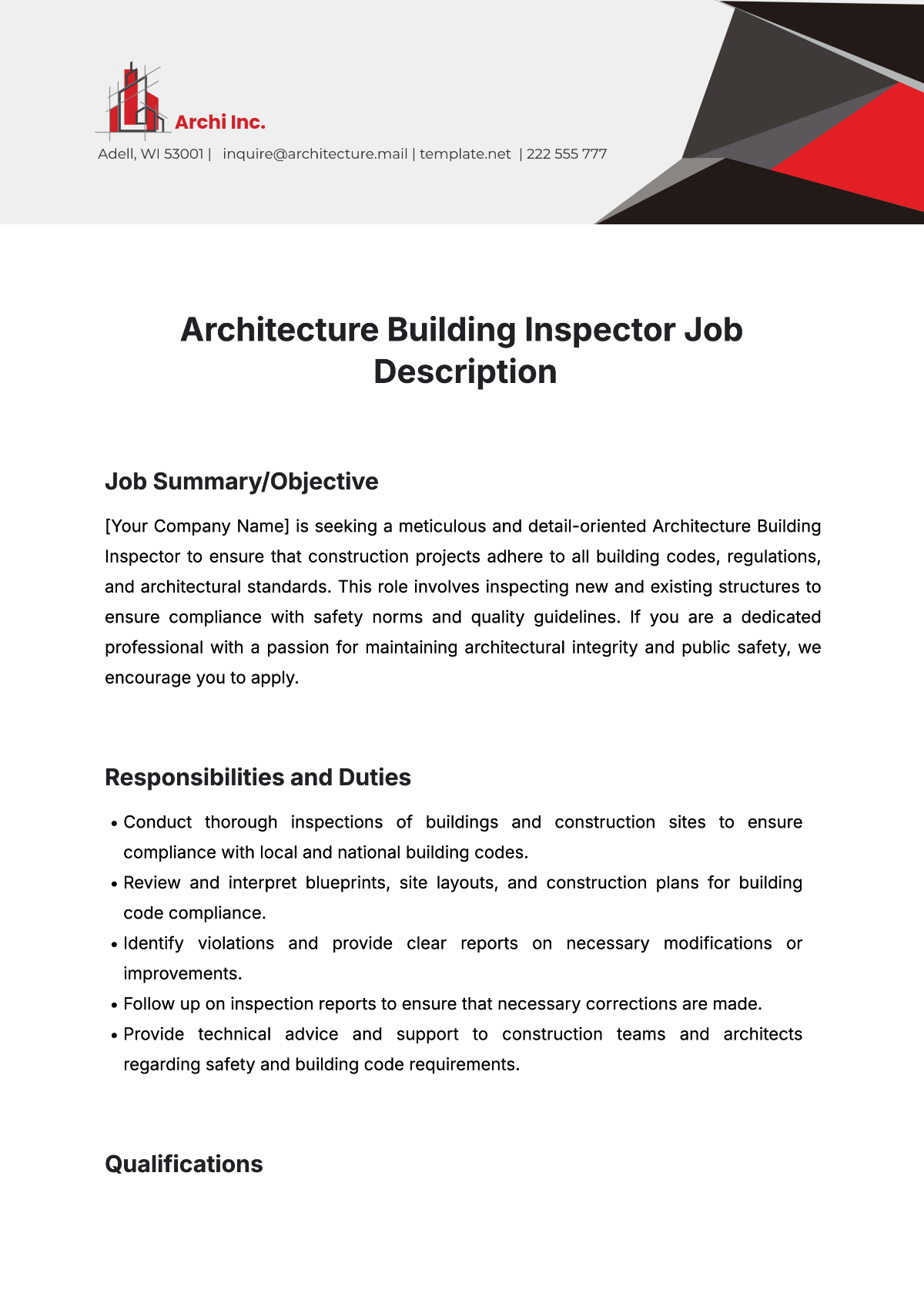 Free Architecture Building Inspector Job Description Template