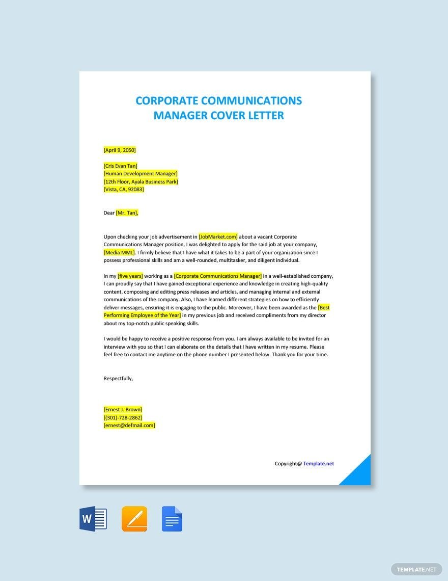 Corporate Communications Manager Cover Letter