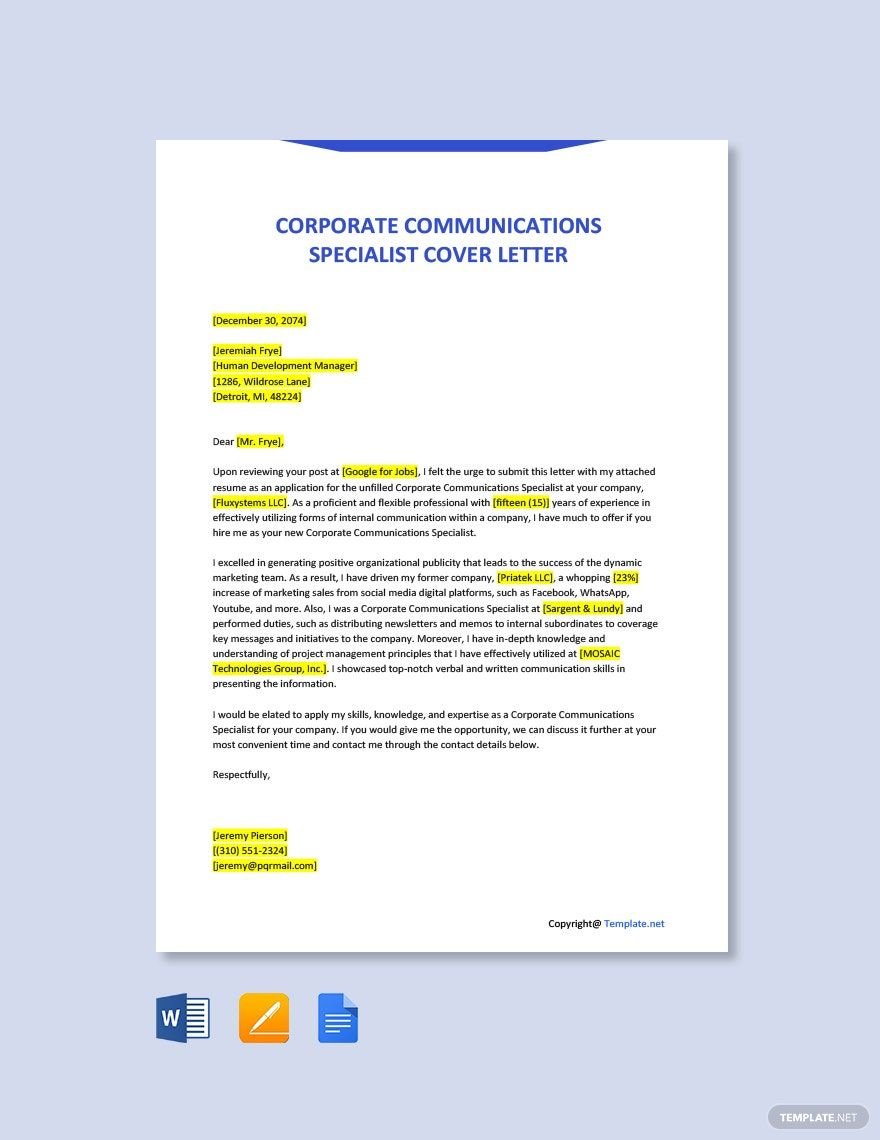 Corporate Communications Specialist Cover Letter