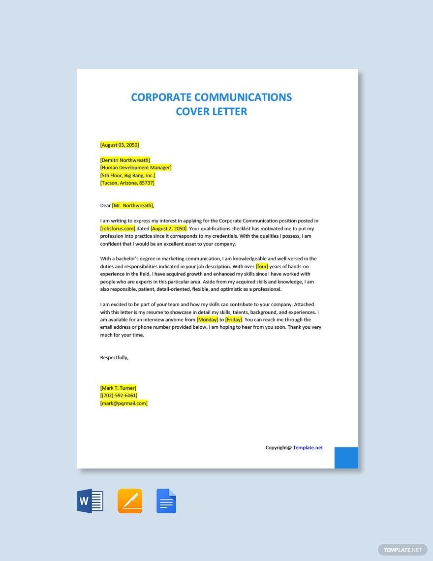 Corporate Communications Cover Letter