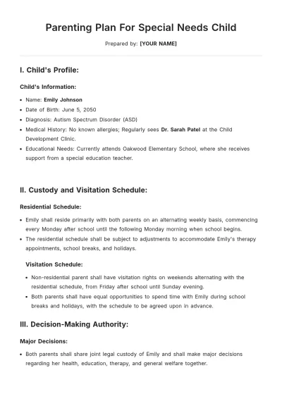 Free Parenting Plan For Special Needs Child Template to Edit Online