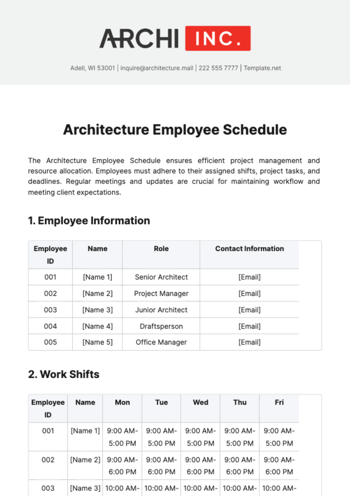 Architecture Employee Schedule Template - Edit Online & Download