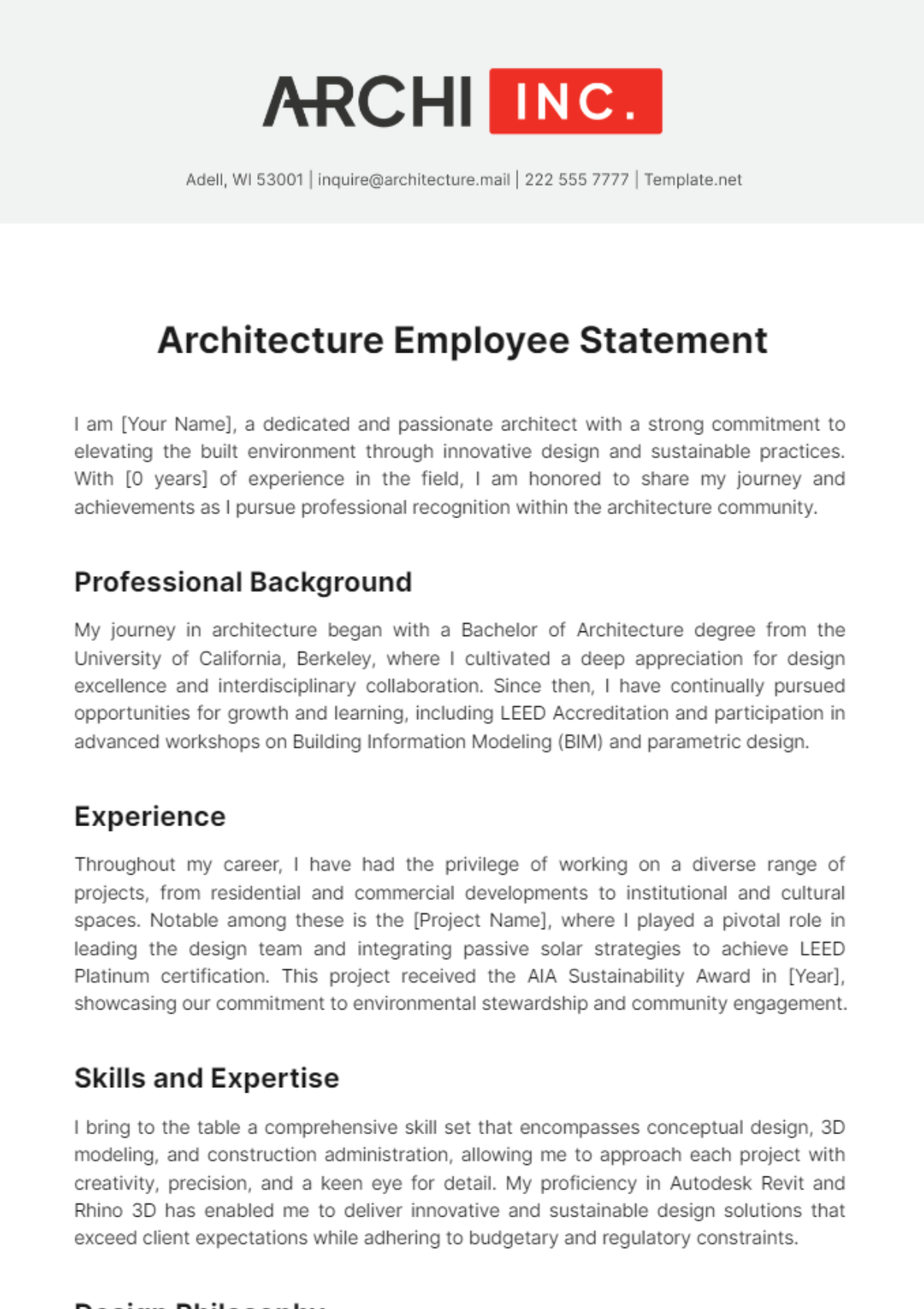 Architecture Employee Statement Template - Edit Online & Download